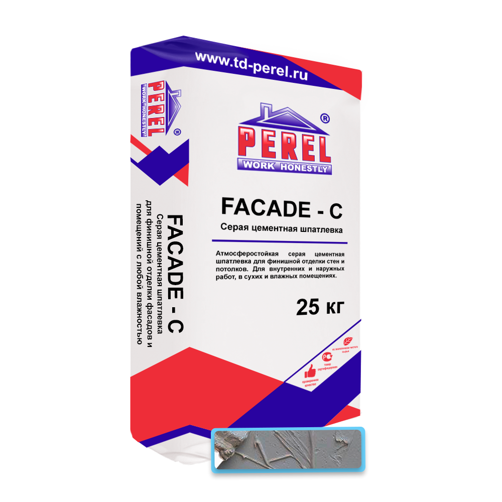 Шпаклевка цементная Perel Facade-c 0650 серая, 25 кг