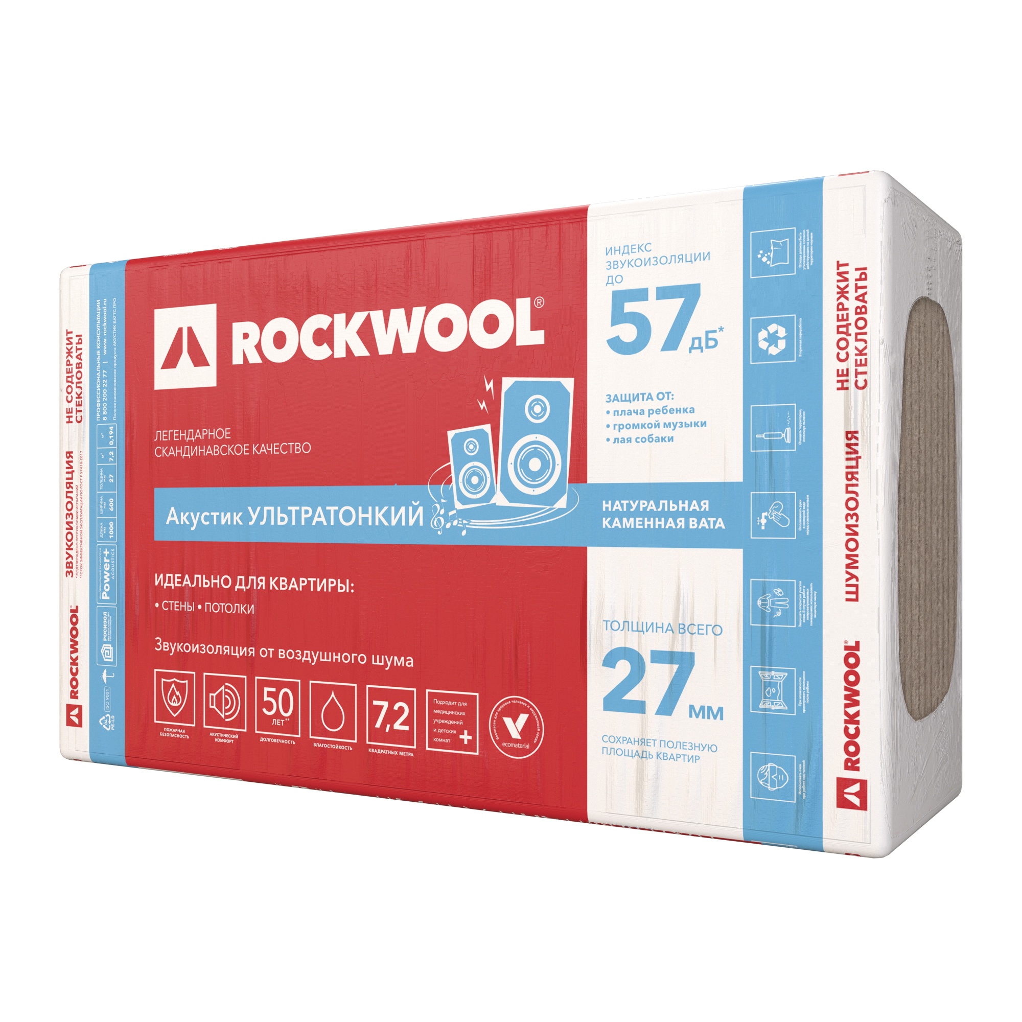 Утеплитель ROCKWOOL Акустик Ультратонкий 1000*600*27 мм (0,194  м²)