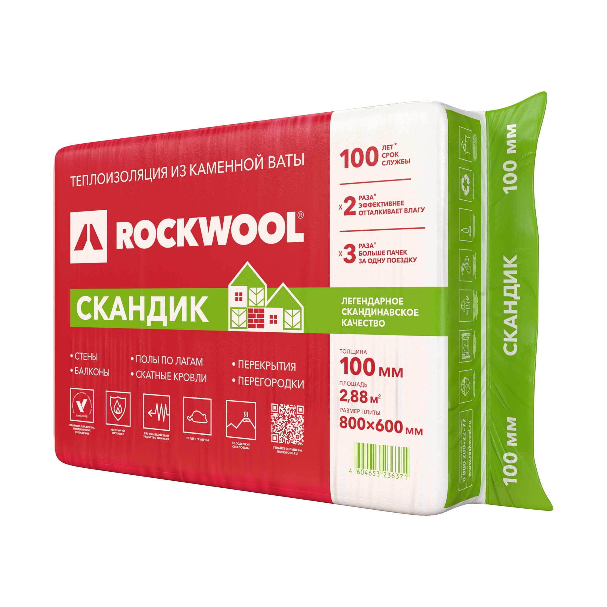 Утеплитель ROCKWOOL Лайт Баттс Скандик 800*600*100 мм (0,288  м²)